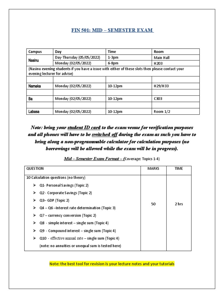 Fin 501: Mid - Semester Exam: Campus Day Time Room | PDF | Interest ...
