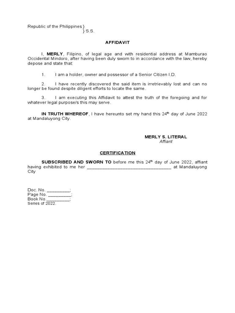 Affidavit of Loss of Ms Merly Literal (Senior Citizen ID) 01 | PDF