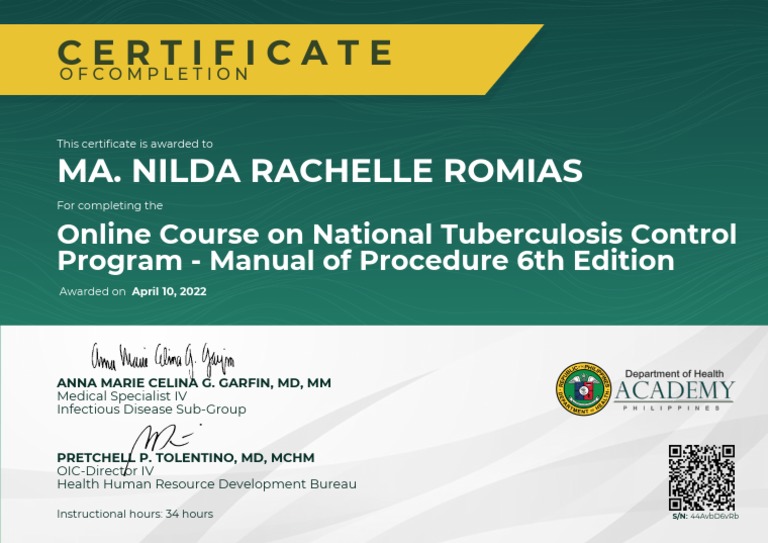 NTP Tuberculosis Course Completion Certificate | PDF