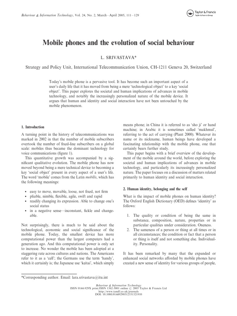 Mobile Phones and The Evolution of Social BehaviourSrivastava PDF Text Messaging Mobile