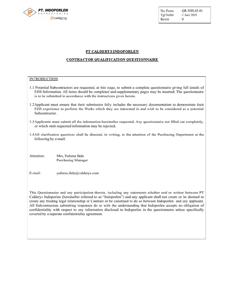Indoporlen Contractor Safety Questionnaire | PDF | Indemnity | Employment
