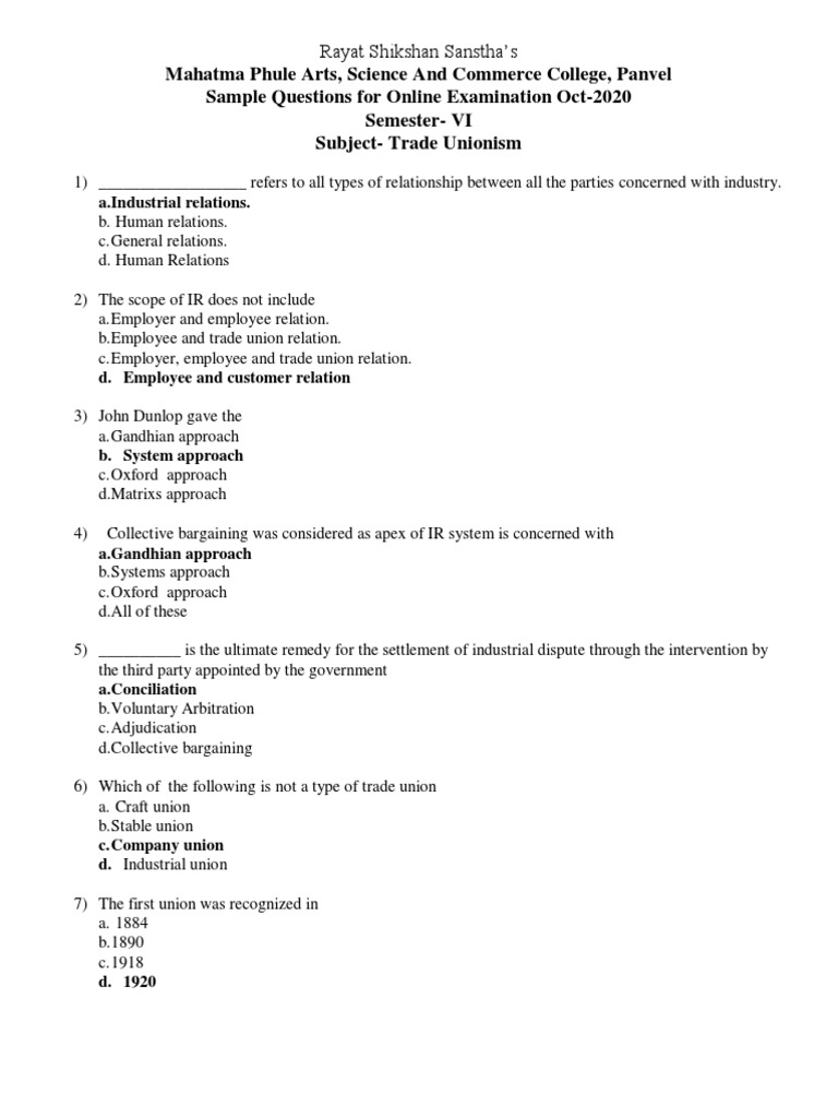 Trade Unionism Exam Questions 2020 | PDF | Strike Action | Industrial ...