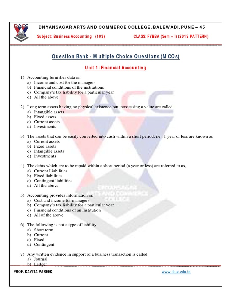 Question Bank Multiple Choice Questions (MCQS) Unit 1 Financial