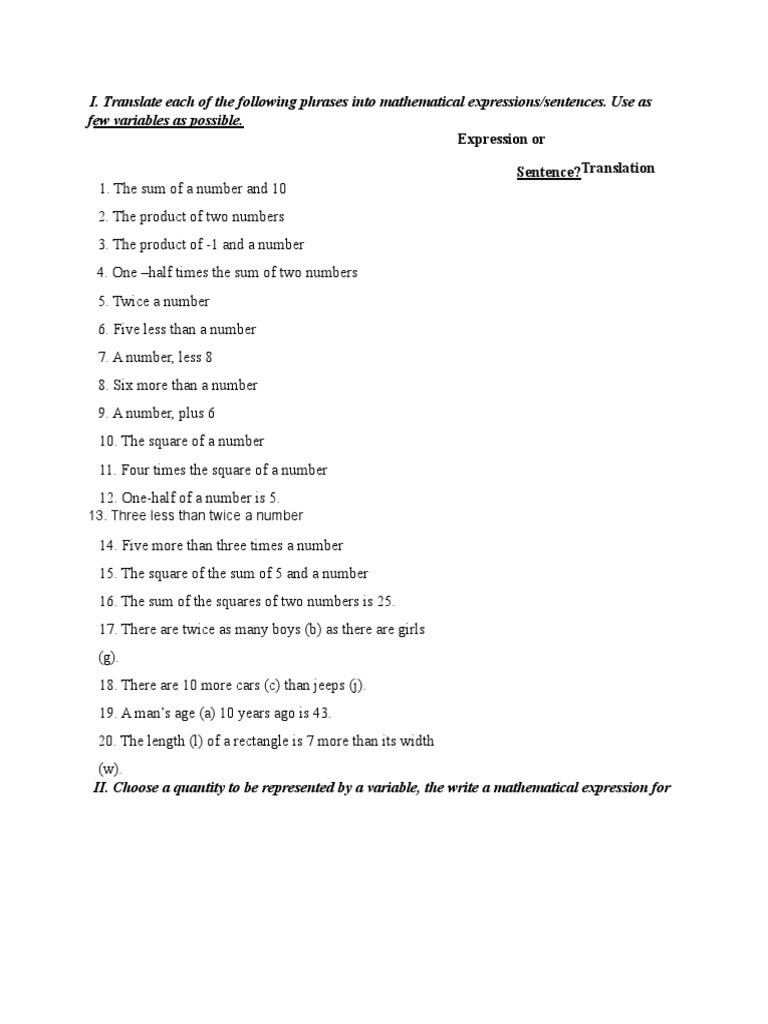 Translating Phrases to Math Expressions | PDF | Teaching Methods ...