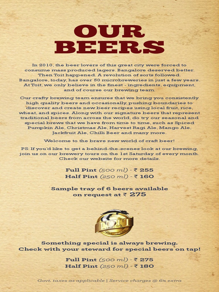 OUR Beers Full Pint (500 ML) ' 255 Half Pint (250 ML) ' 160 Sample