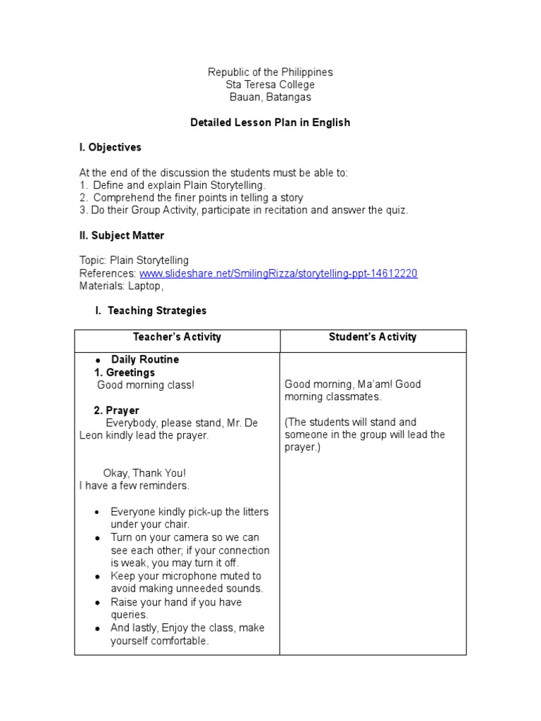 Grade 1 Storytelling Lesson Plan | PDF | Storytelling | Narrative