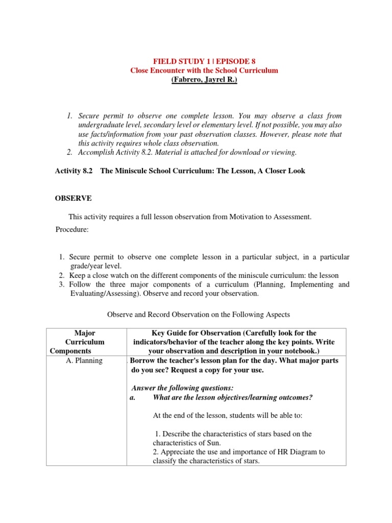 Field Study 1 Ep 8 Close Encounter With The School Curriculum Fabrero Jayrel R PDF Teachers