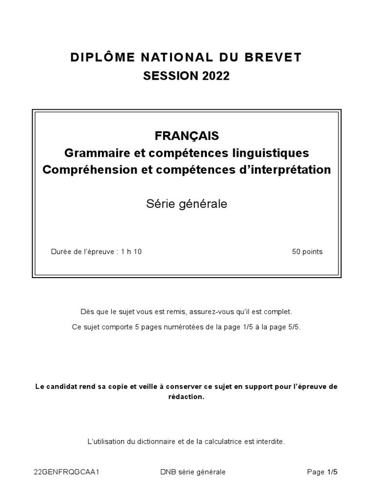 Brevet Francais Grammaire Et Compréhension Asie PDF