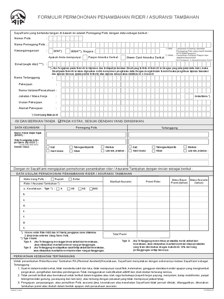 Formulir Permohonan Penambahan Rider - Asuransi Tambahan 0120 | PDF