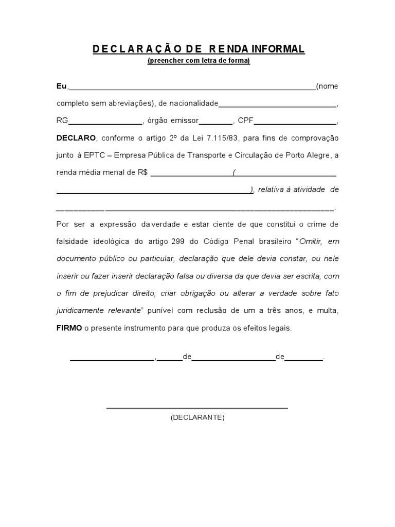 Declaração de Renda Informal | PDF