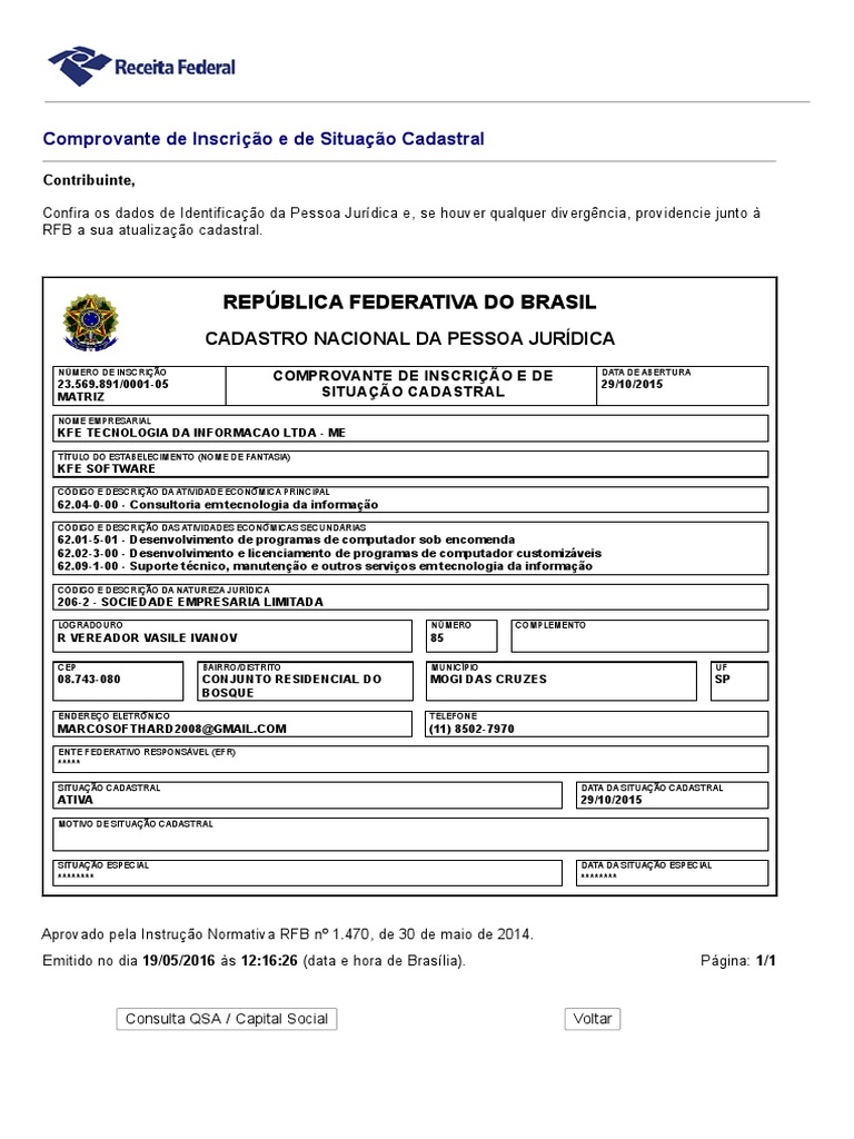 Comprovante de Inscrição e de Situação Cadastral - Impressão | PDF ...