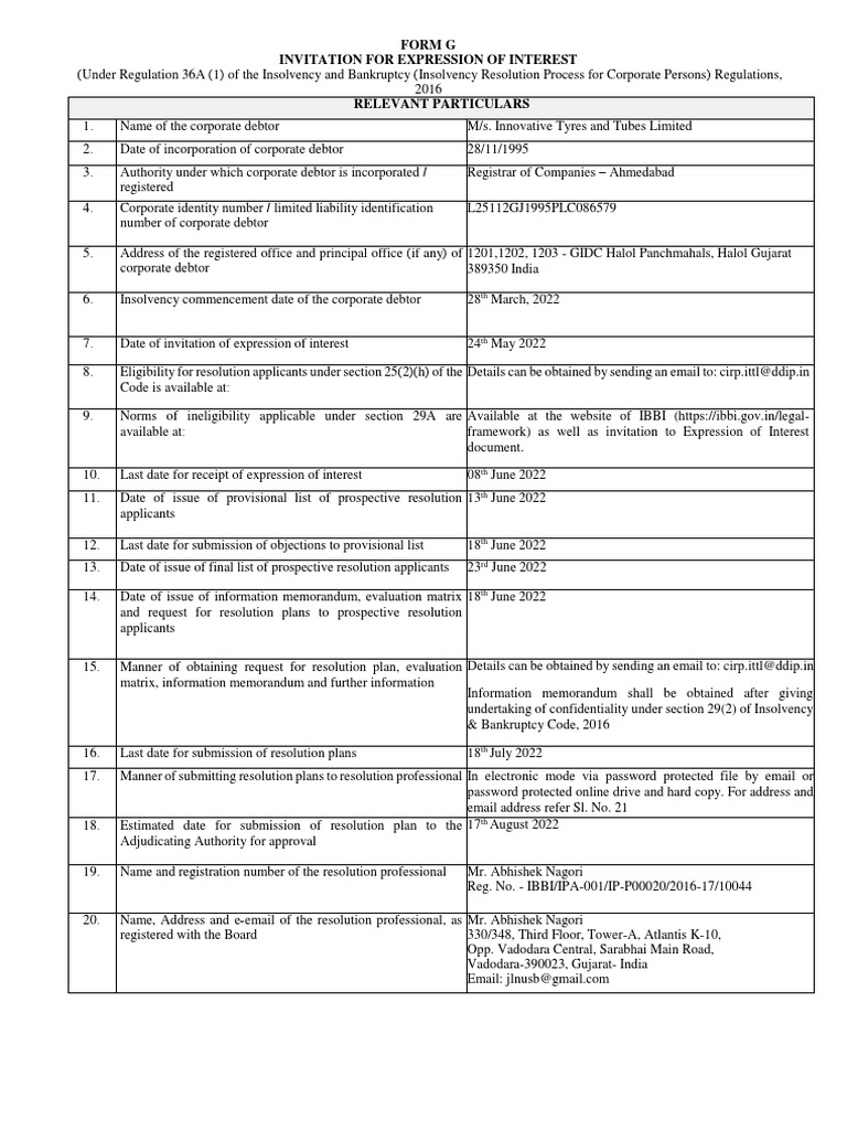 Form G Invitation For Expression of Interest To Submit Resolution Plans ...