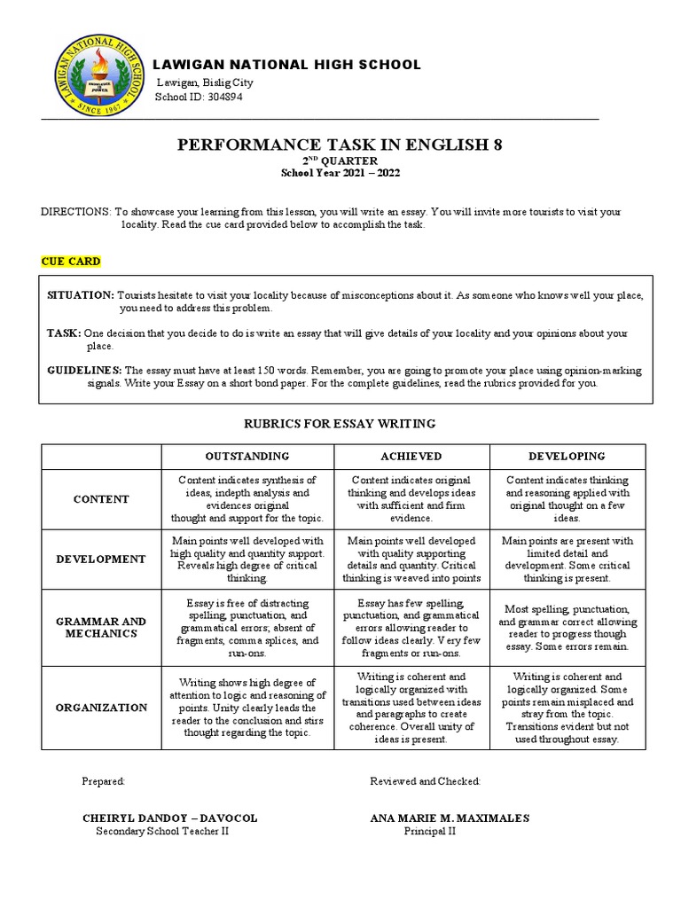 q2 English Performance Task | PDF | Essays | Learning