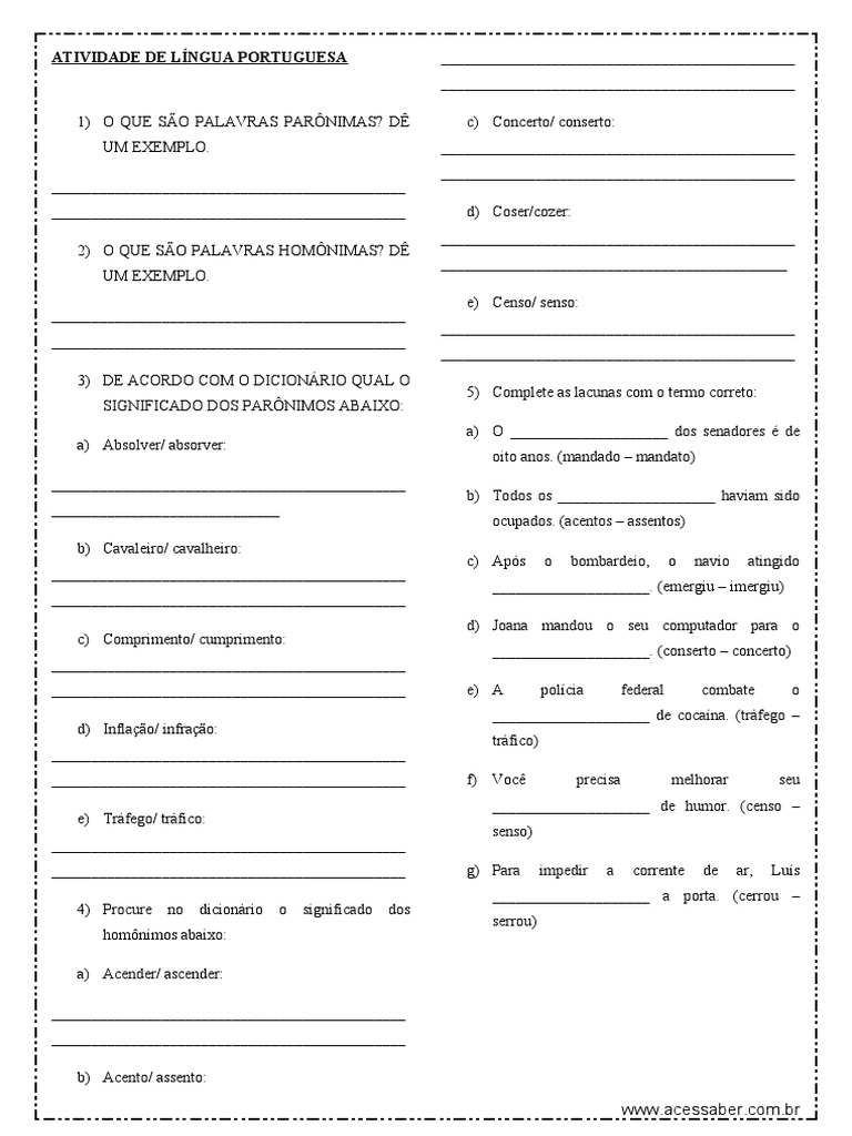 Atividade de Portugues Paronimos e Homonimos 4º e 5º Ano | PDF ...