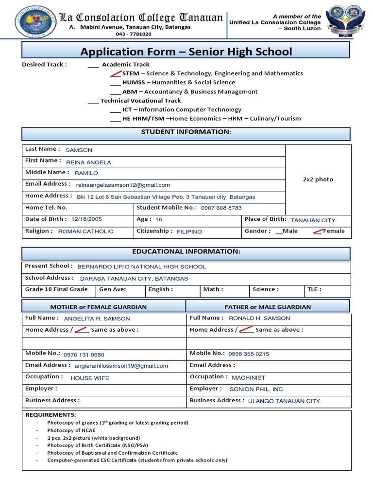 SHS Application Form | PDF | Science