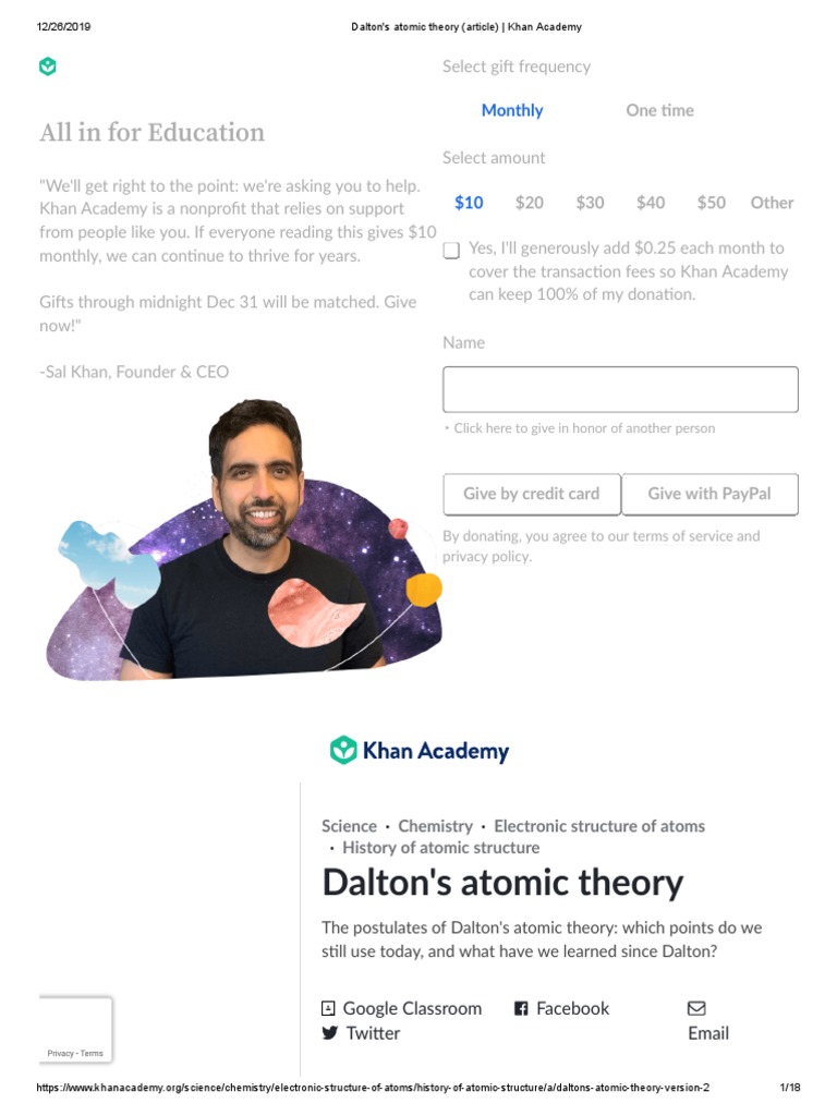 Dalton's Atomic Theory (Article) Khan Academy PDF Atoms Atomic