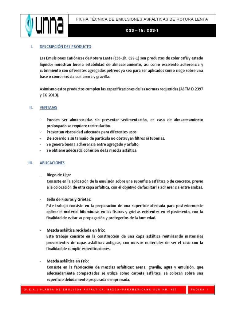 Ficha Técnica CSS-1, CSS-1h | PDF | Ciencias fisicas | Emulsión