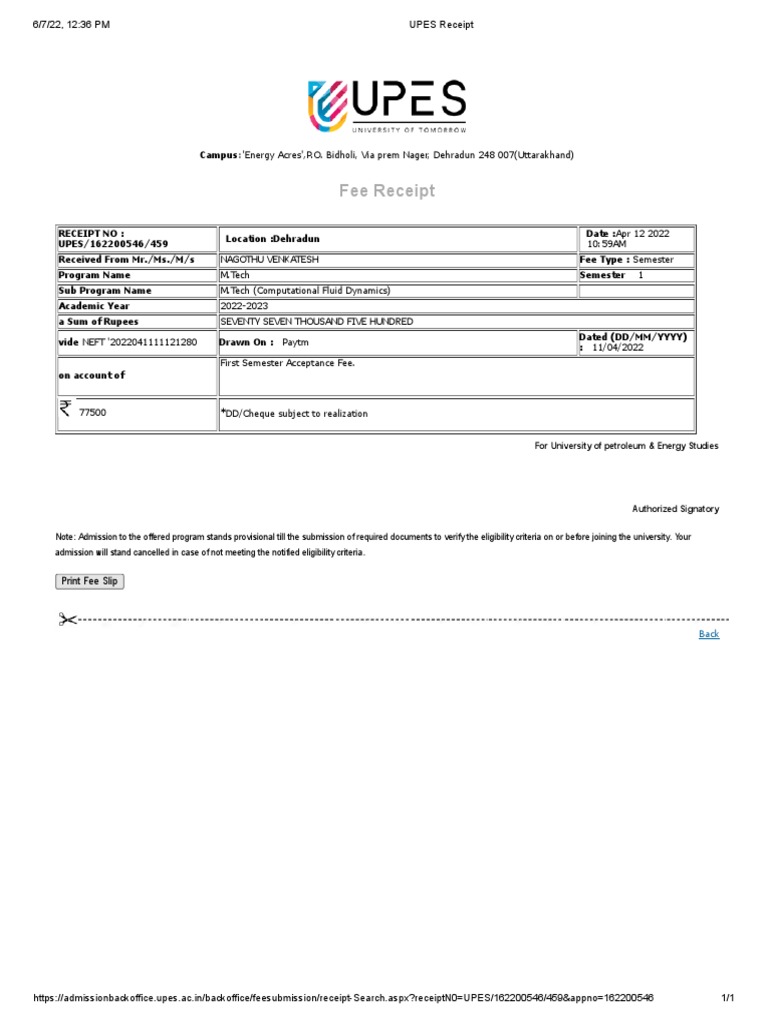 UPES Receipt - NAGOTHU VENKATESH | PDF