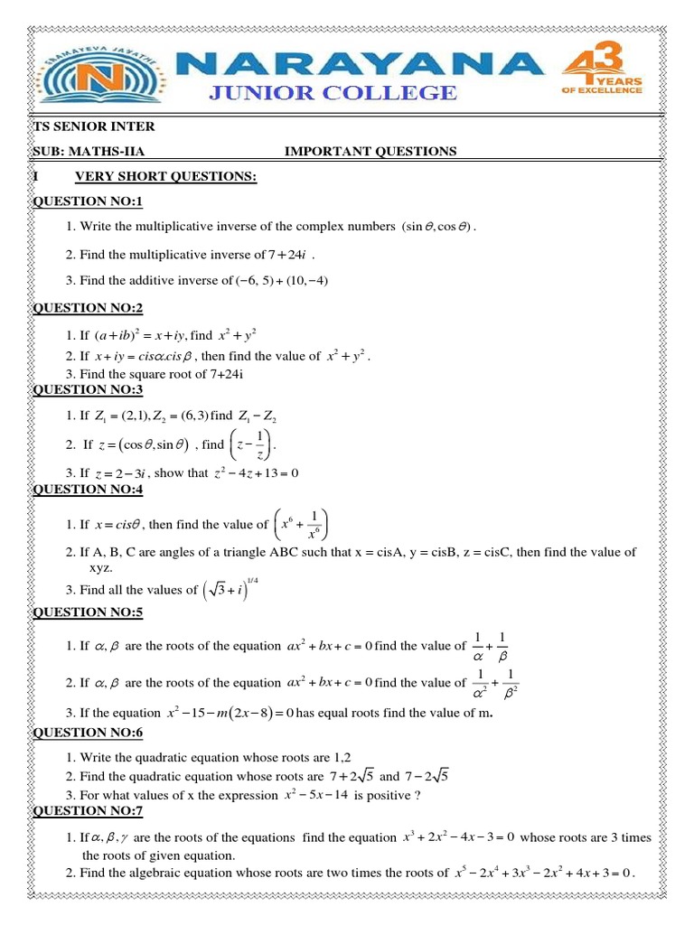 TS Inter Maths IIA Important Questions | PDF | Equations | Zero Of A ...