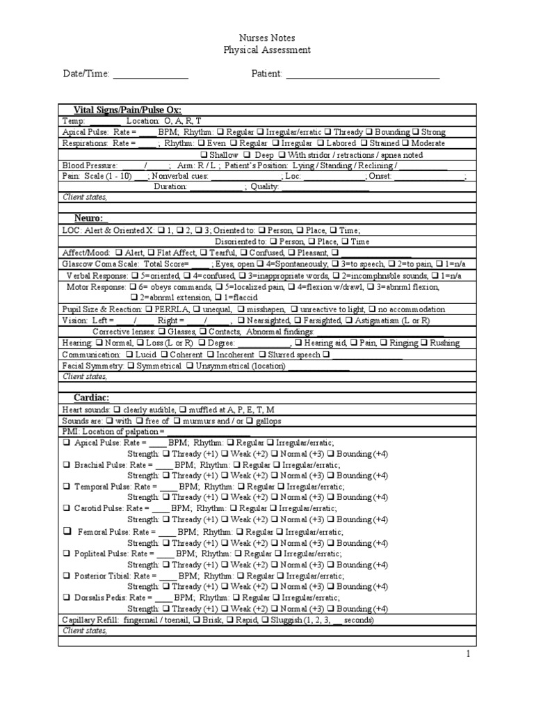 Physical Assessment Checklist PDF Pulse Urinary Incontinence