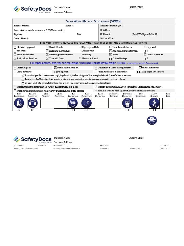 Asphalt Paver Safe Work Method Statement 10454-2 - SAMPLE | PDF ...