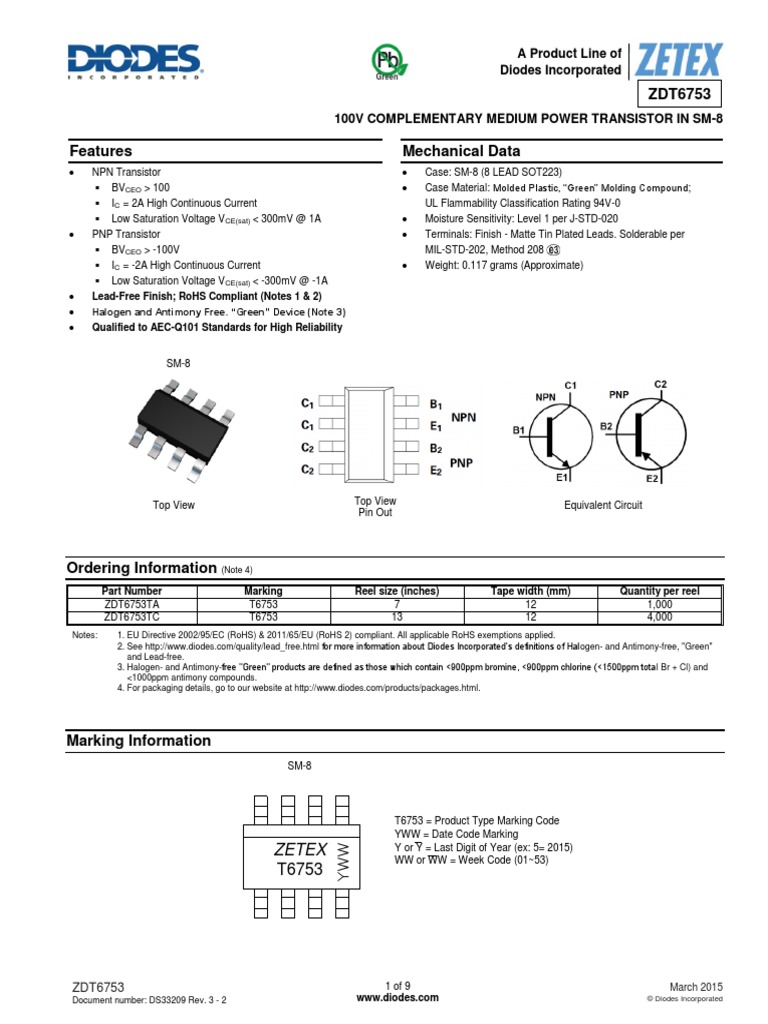Zetex A Product Line of Diodes Incorporated PDF Bipolar Junction Transistor Electrostatic