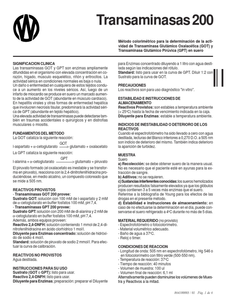 Determinación de Transaminasas GOT y GPT | PDF | Transaminasa ...