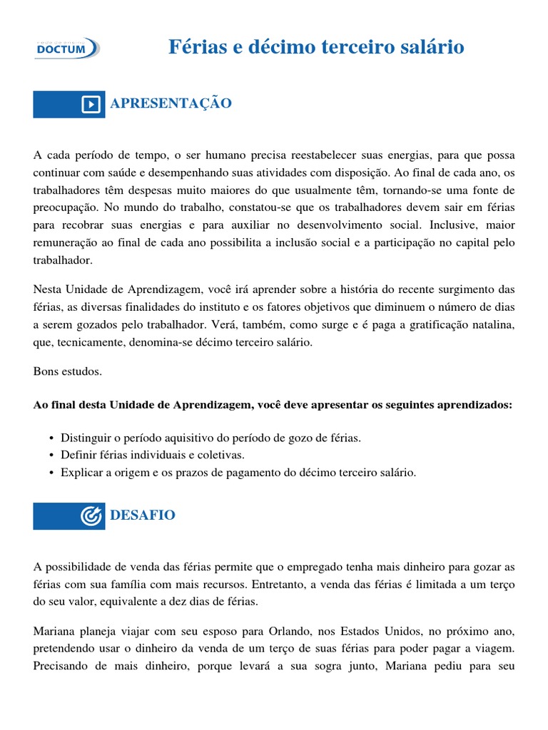 Modulo 5 - Férias e Décimo Terceiro Salário | PDF | Férias trabalhistas ...