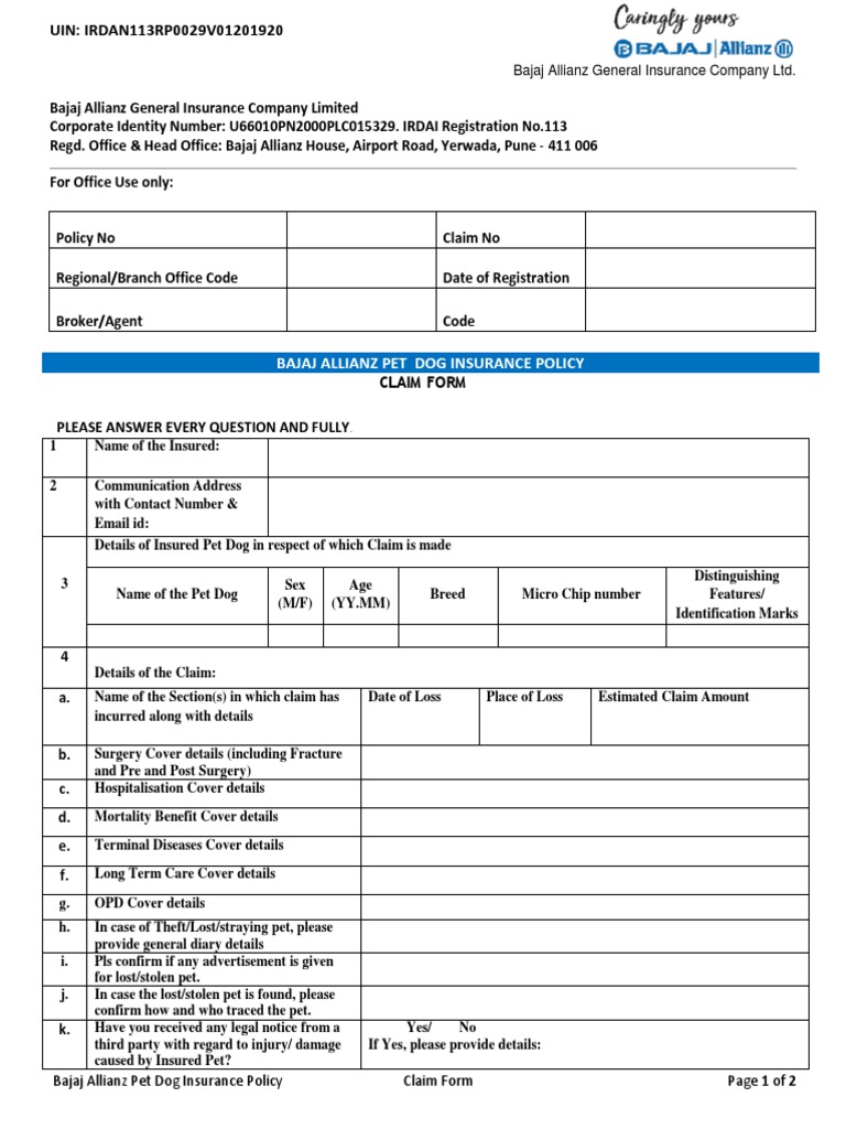 Bajaj Allianz Pet Dog Insurance Claim Form | PDF | Insurance | Common Law