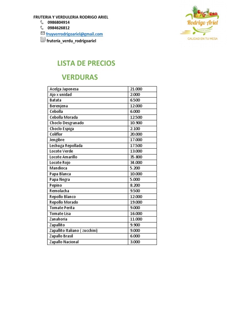 Lista de Precios Frutas y Verduras PDF Comidas e bebidas Fruta