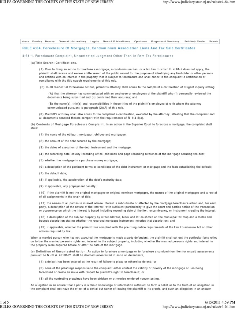 New Jersey Rules Governing The Courts Foreclosure Mortgage Law