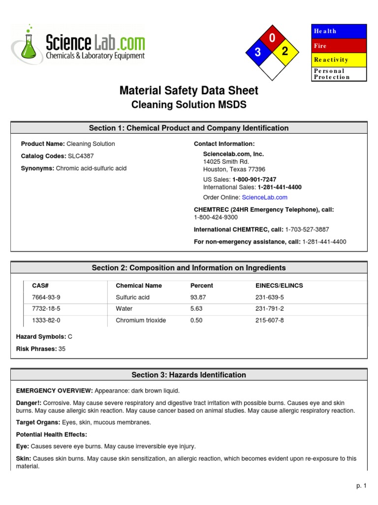 Cleaning Solution MSDS Section 1 Chemical Product and Company Identification PDF Chromium