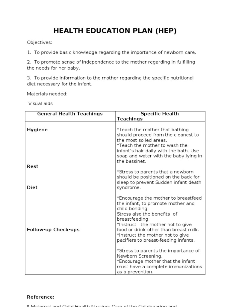 health education plan example nursing