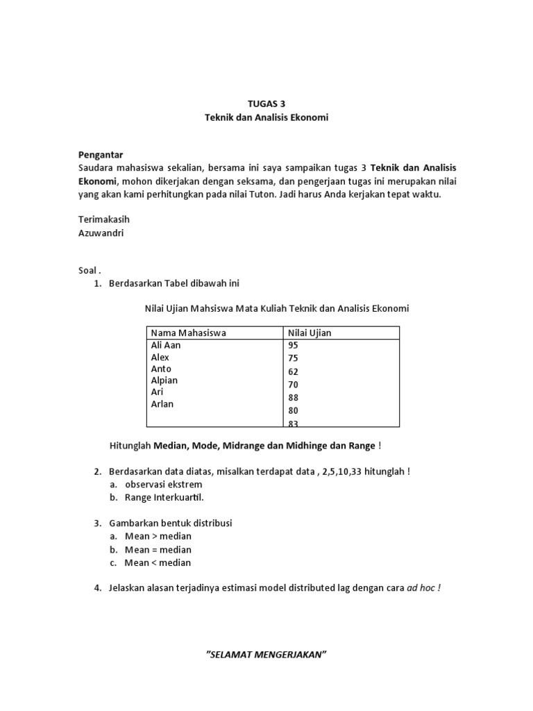 Tugas Analisis Ekonomi: Statistik dan Model | PDF