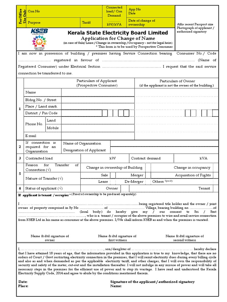 KSEB Ownership Change Application Form | PDF | Lease | Government
