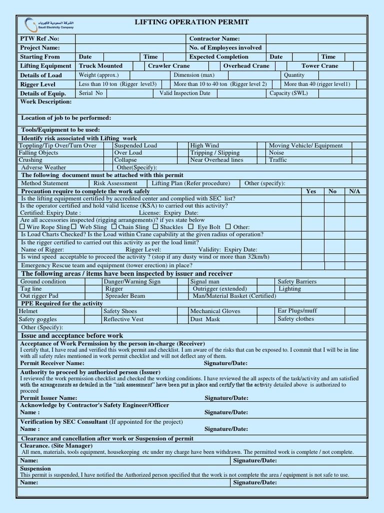 5.21f Lifting Operation Permit Form | PDF | Crane (Machine ...