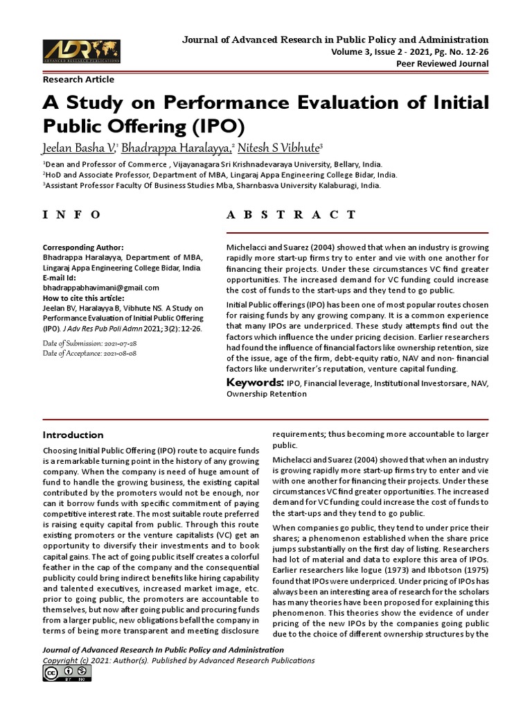 A Study On Performance Evaluation of Initial Public Offering (IPO ...