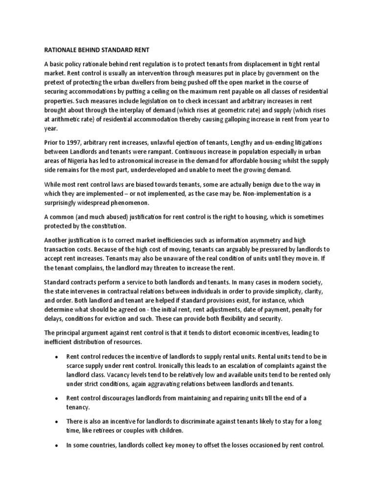 Rationale Behind Standard Rent | PDF | Landlord | Rent Regulation