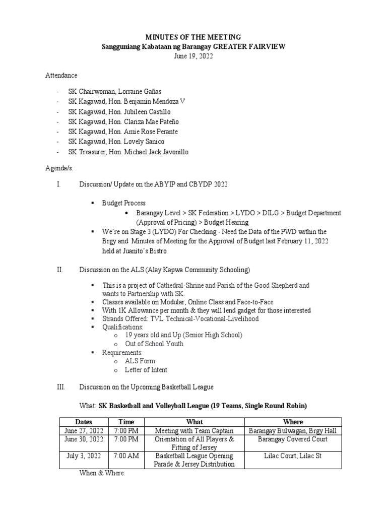 Minutes of the meeting sangguniang kabataan ng barangay greater