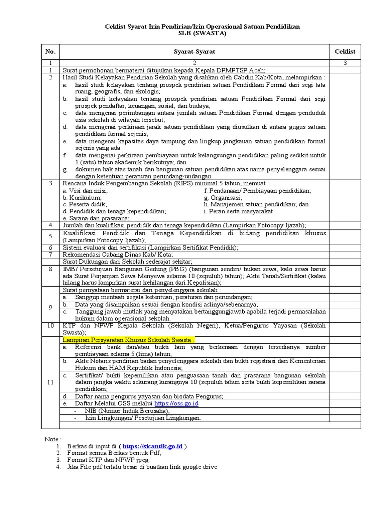Ceklist Syarat SLB | PDF