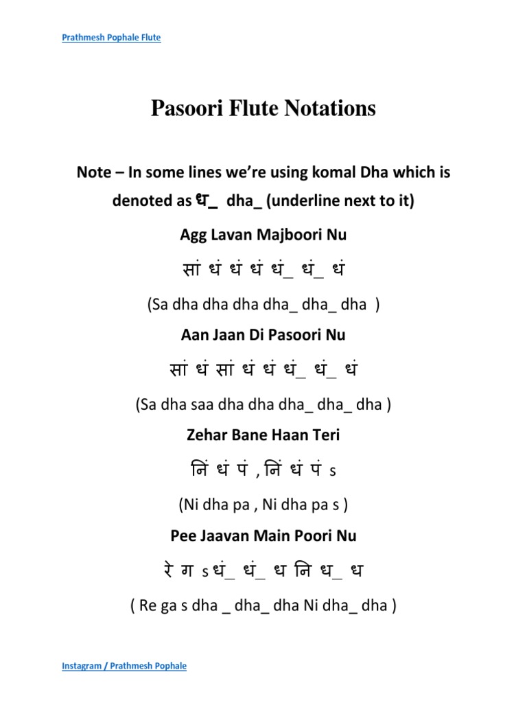 Pasoori Flute Notation PDF