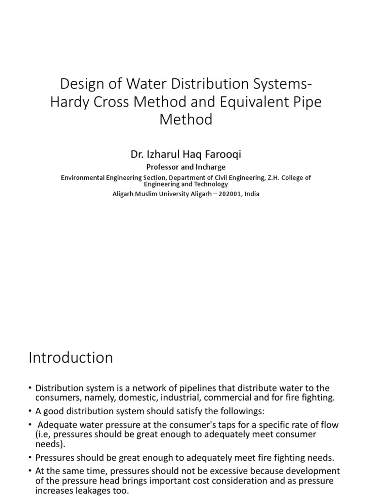 Design of Water Distribution SystemsHardy Cross Method and Equivalent