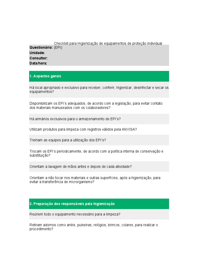 Checklist de Higienização de EPIs | PDF | Casa e Jardim | Tecnologia e ...