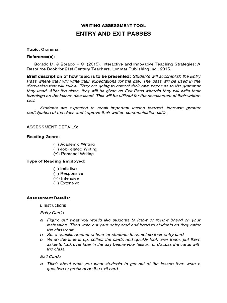 Entry and Exit Passes Writing Assessment Tool PDF Cognitive