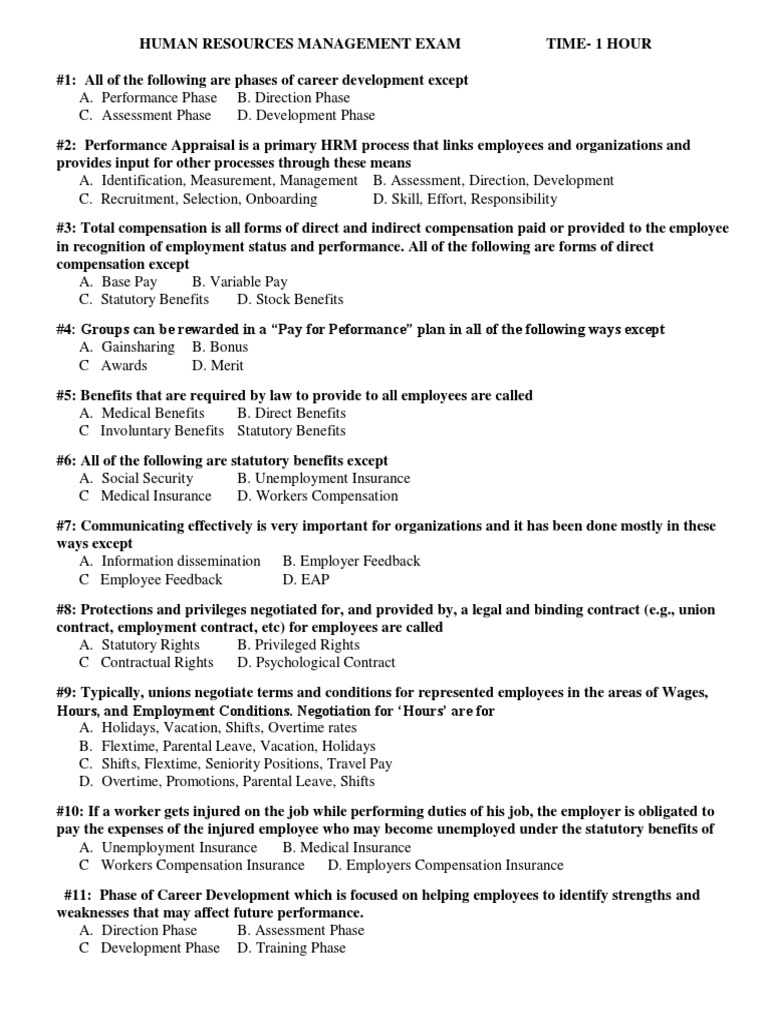 Human Resources Management Exam PDF Employment Human Resource Management