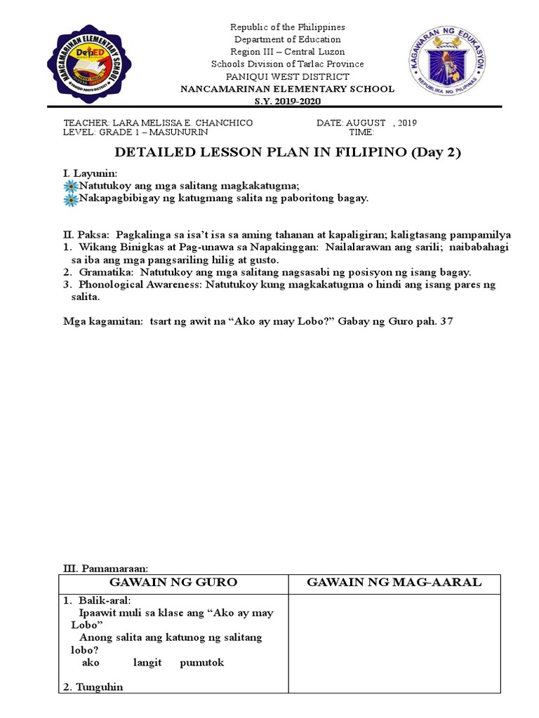 Lesson Plan On Filipino 1 - Lily | PDF