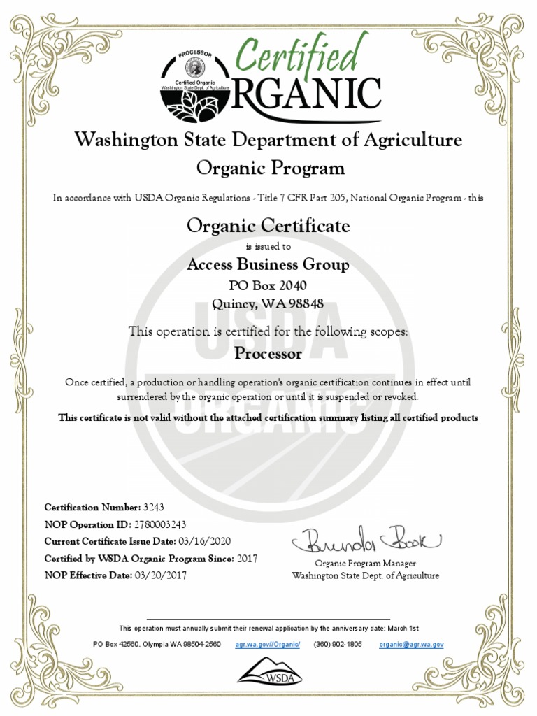 3243 Quincy NBC WSDA Organic Certification Mar.16.2020 PDF Food And