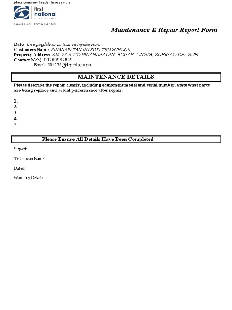Maintenance & Repair Report Template | PDF | Business | Technology ...