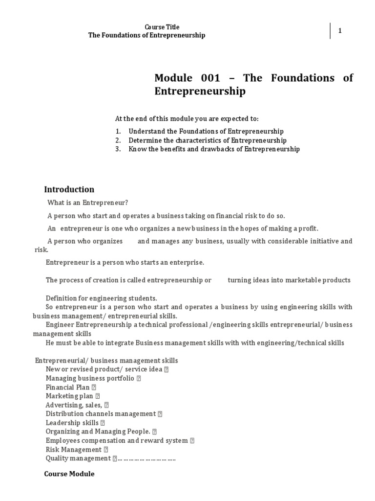Foundations of Entrepreneurship Course | PDF | Entrepreneurship ...