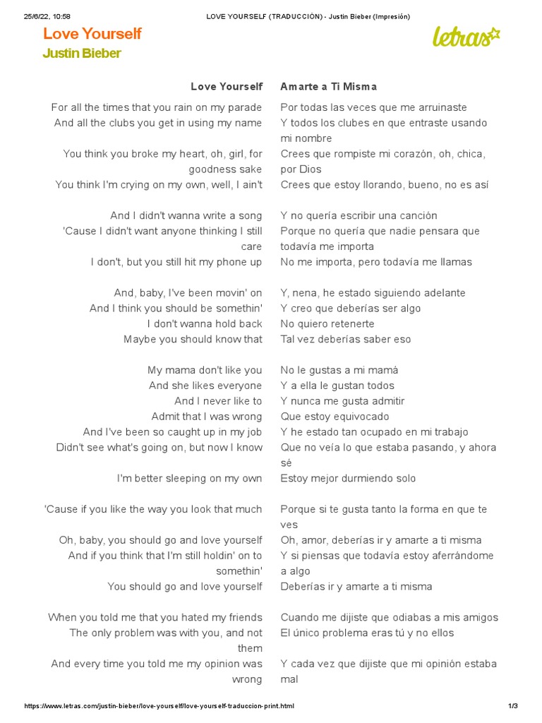 LOVE YOURSELF (TRADUCCIÓN) Justin Bieber (Impresión) PDF Ámate a tí mismo Música grabada